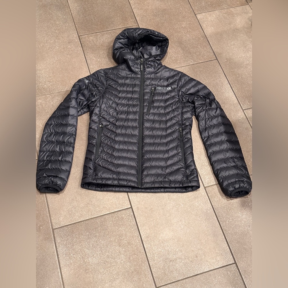 Marmot Women’s Down Hooded Black Jacket Size S